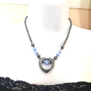 Vintage Blue Hematite Heart Pendant Necklace - Women Jewelry